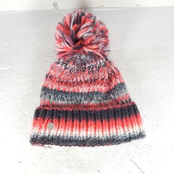 Spyder Women's Twisty Knit Fleece Pink Multi Lined Pom Pom Cuffed Beanie Hat - Picture 8 of 10
